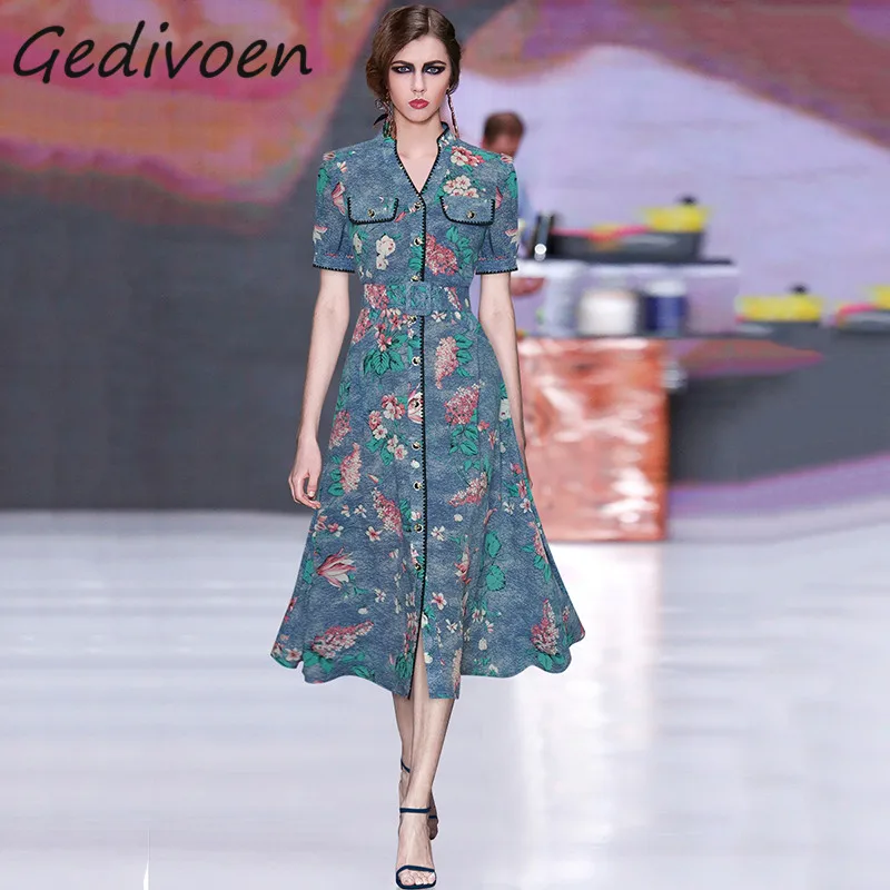 

Gedivoen Summer Fashion Runway Vintage Party Floral Print Dress Women V-Neck Button Embroidery Sashes Pocket Denim Midi Dress