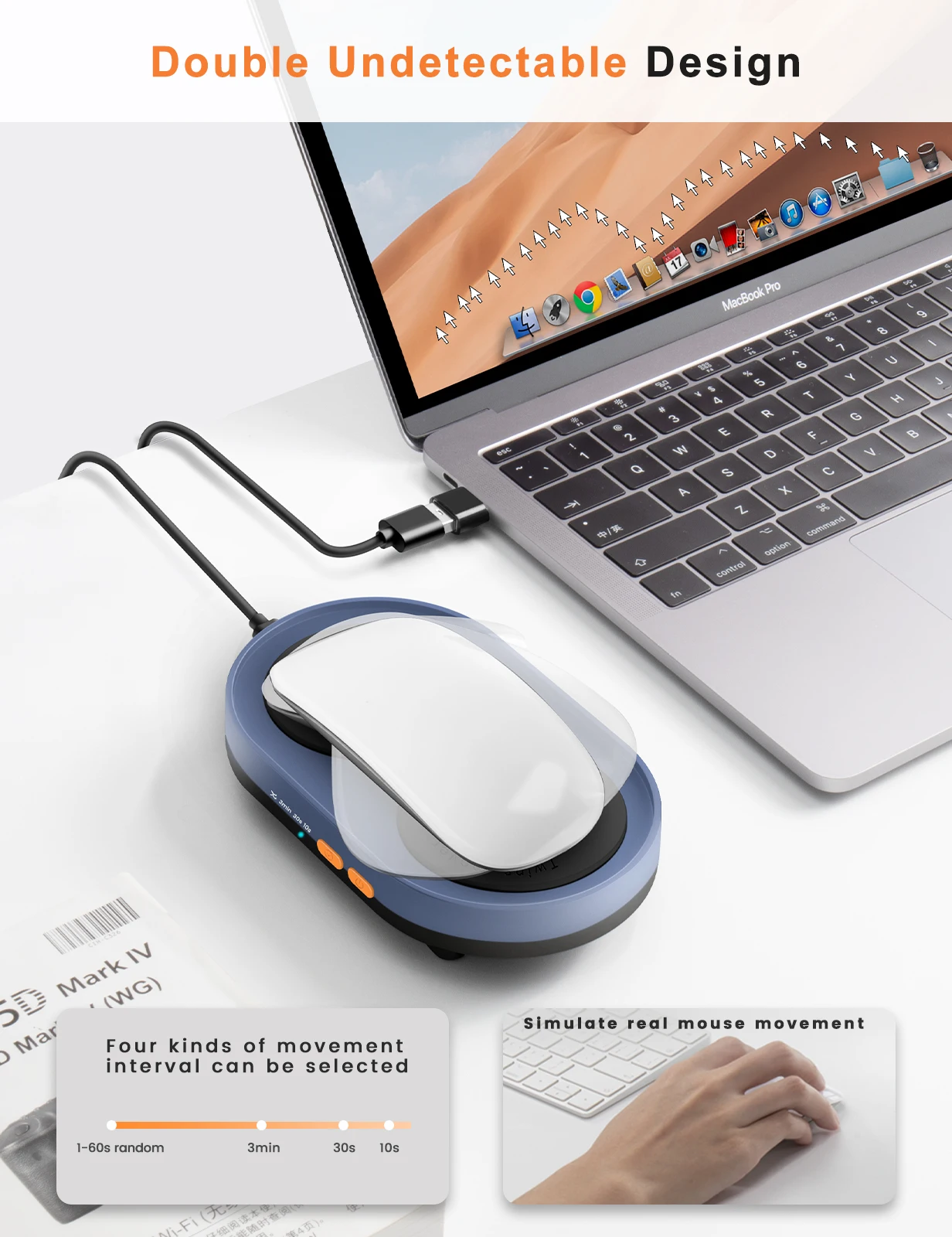 Dual Turntable Mouse Mover Intervalos Ajustáveis Interruptor on Off Indetectável e Silencioso Mouse Jiggler Simplicidade Simula - Imagem 3