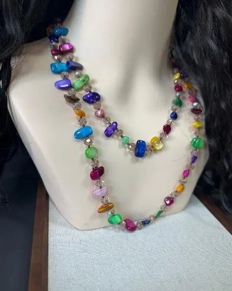 Collier bohème Vintage en pierre naturelle irrégulière pour femmes, perles de cristal faites à la main, Double couche, longue chaîne de pull, bijoux cadeau