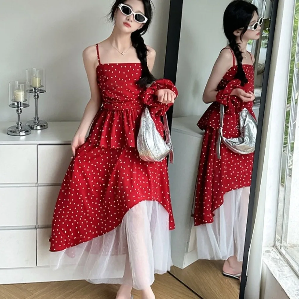 Red Polka Dot Kids Ruffles Dot Dress Ruffled Sleeveless Long Girls Suspenders Skirt Camisole Top Loose Children Red Dress Party