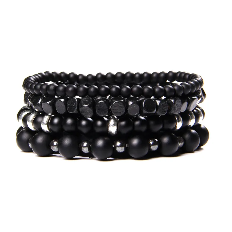 Pulsera de piedra multicapa para hombre, brazalete elástico de cuentas de Lava volcánica, hematita negra Natural, regalo de joyería Vintage, 4 unids/set