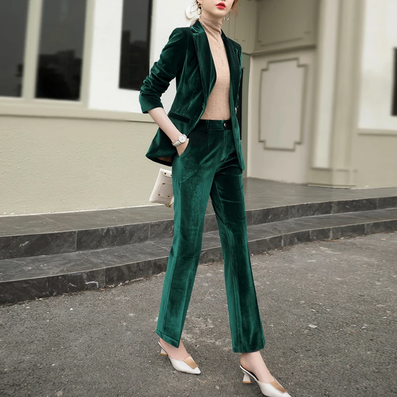 

New Autumn Winter Velvet Slim Suit Jacket Female Business Women Pant Sets Suits Trouser Suits Office Lady Work Wear S-4XL