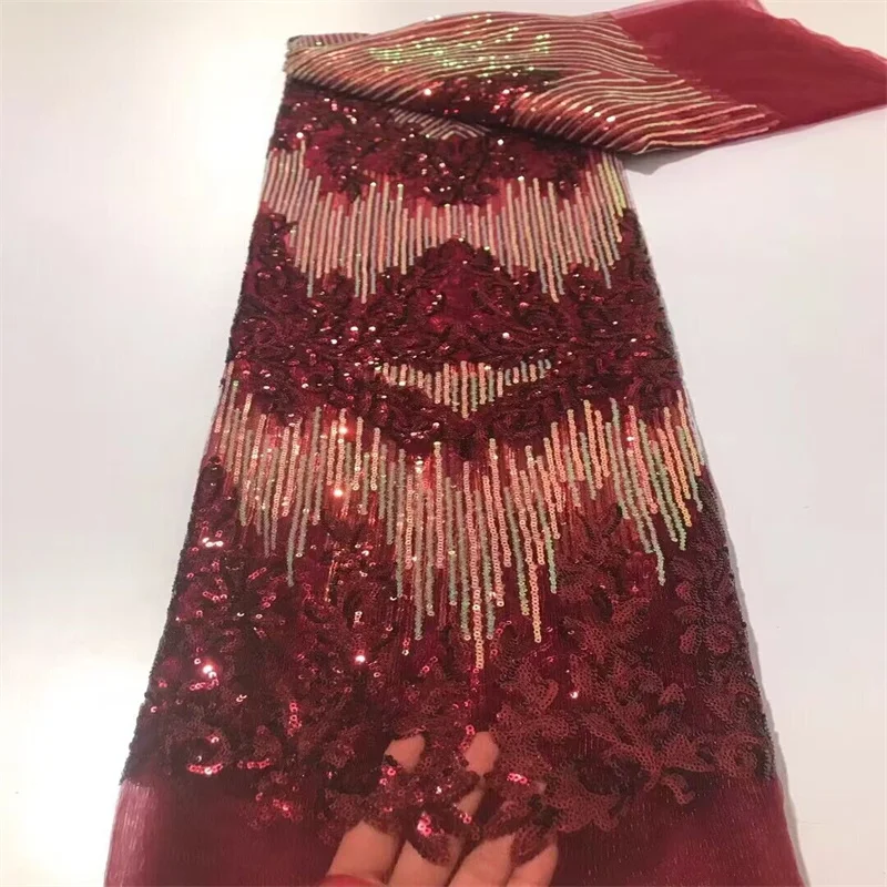 

Африканская Тюлевая кружевная ткань, вышитые французские блестки, сетчатые кружева, красная Высококачественная сетчатая Тюлевая Ткань для шитья, вечерние платья, 5 ярдов