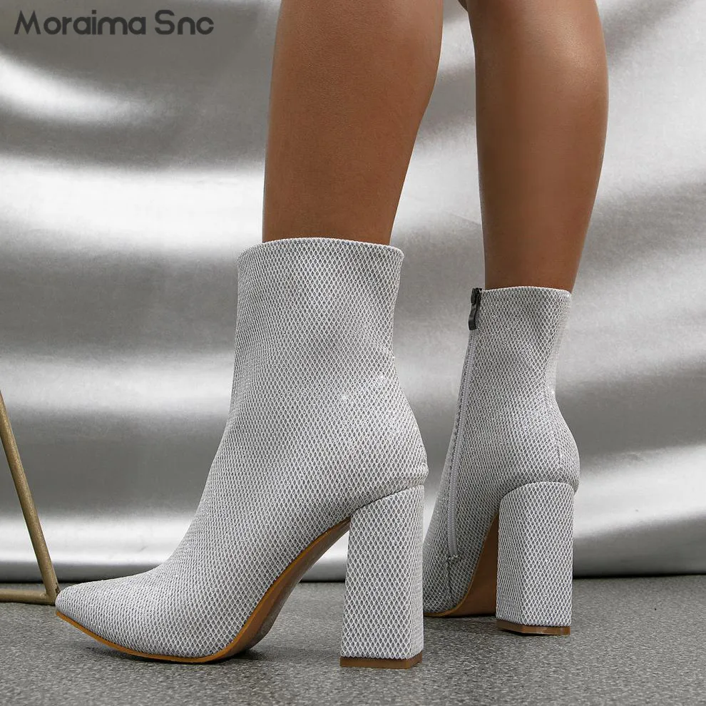 Silver Pointed Toe High Heel Ankle Boots Fashion Chunky Heel Ankle Boots Plus Size Fashion Side Zipper Rider Boots Women's Boots