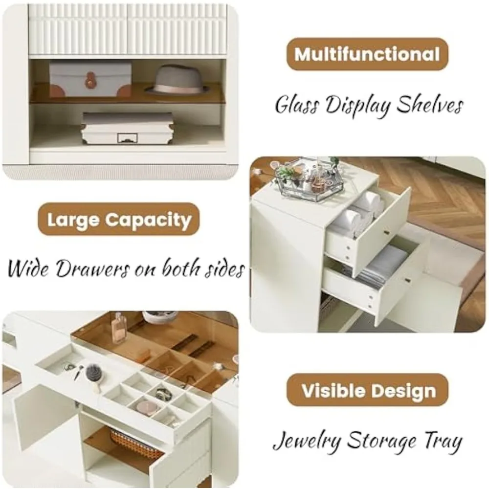 Modern Closet Island with Drawers Glass Top, Multi-Function Armoire Bedroom Island with Display Shelf & 6 Drawers, Wooden Closet 5