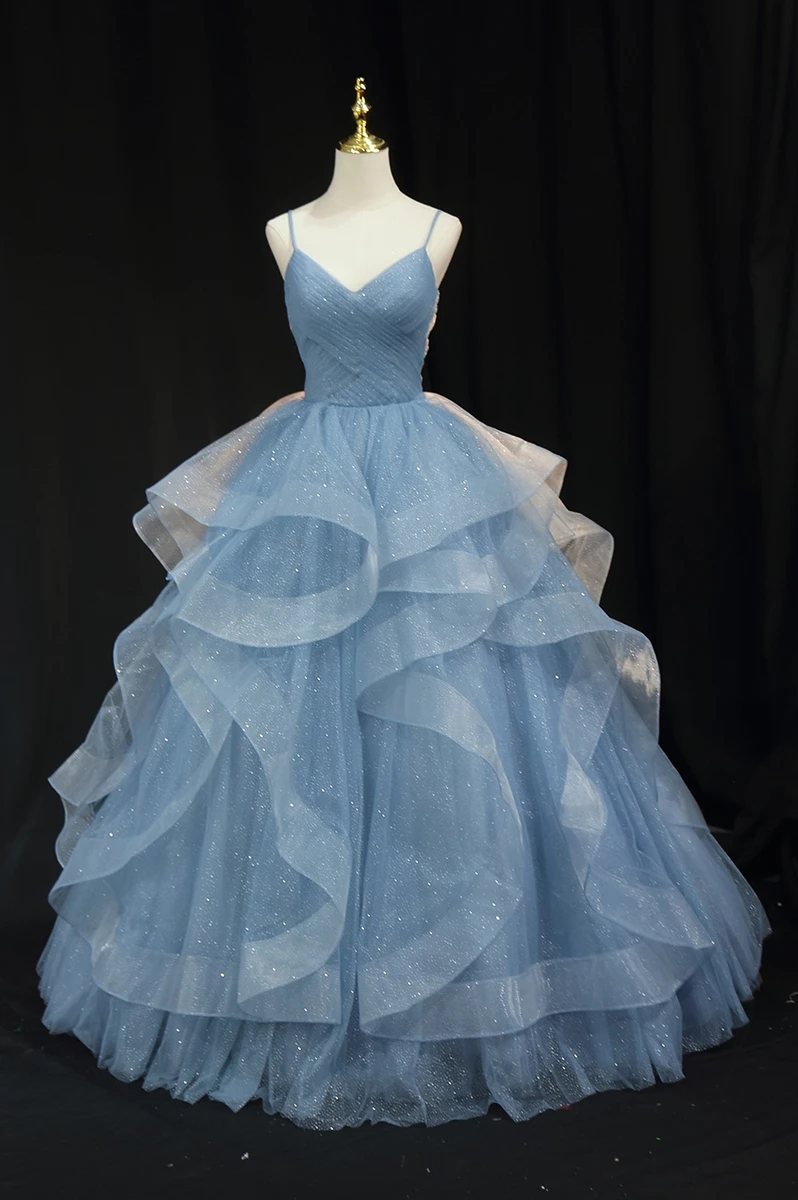 Shiny Blue Gray Quinceanera Dresses Strap Adult Ceremony Art Examination Birthday Sweet 18 Vestidos Elegant Prom Dress