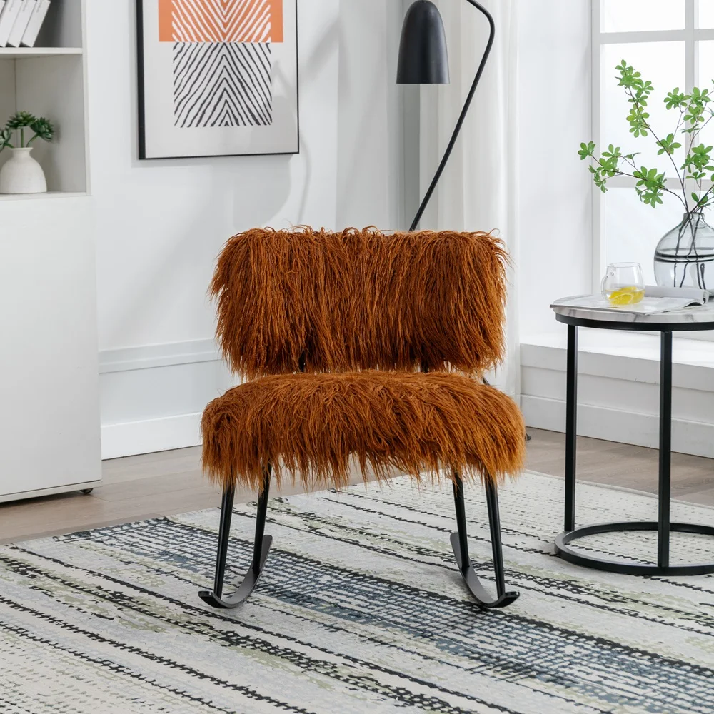 

25.2'' Wide Faux Fur Plush Nursery Rocking Chair, Fluffy Upholstered Glider Chair, Comfy M