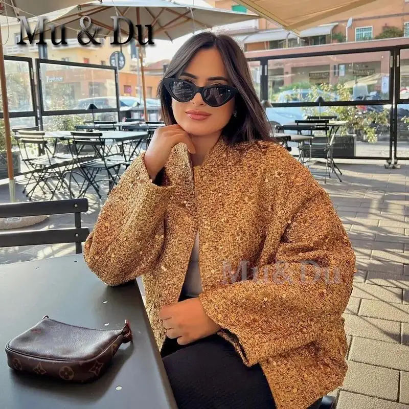 Mu & Du 2024 Donna Primavera Golden Sequin Bomber Jacket Oversize Allentato Casual Party Cappotti Moda Femminile Street Outwear Mujer Top