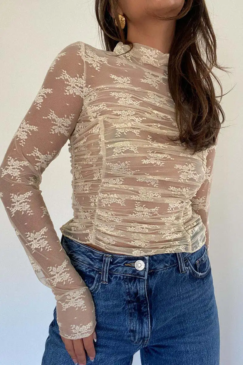 See-Through Lace Mesh T-shirt For Women Long Sleeve Printed Fashion Sexy Summer Contrast Pullover Female Slim Tee Top