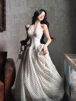 Abito longuette francese elegante da donna senza maniche stile spiaggia Abito con scollo a V a pois Abito da sera in un pezzo Vintage Chic Summer