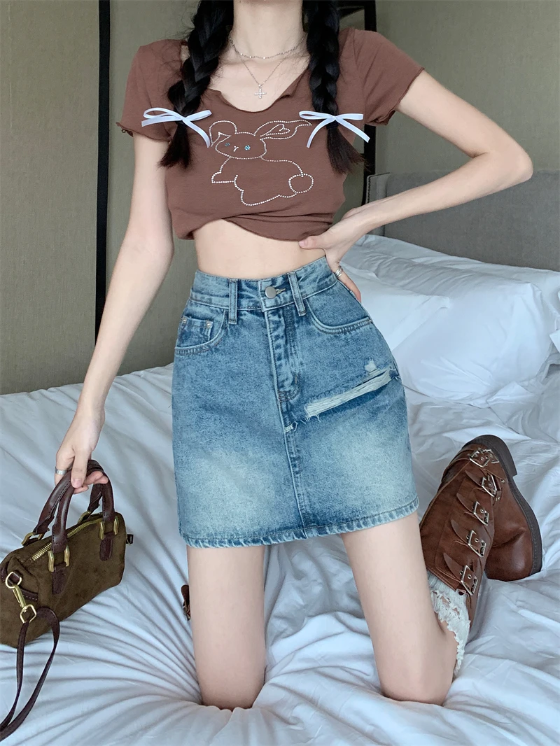 Denim Skirt Women's Summer High Street Blue Live Shoot Large Size Women's Fat and Fake Two Piece Splice with Broken Holes and Ra