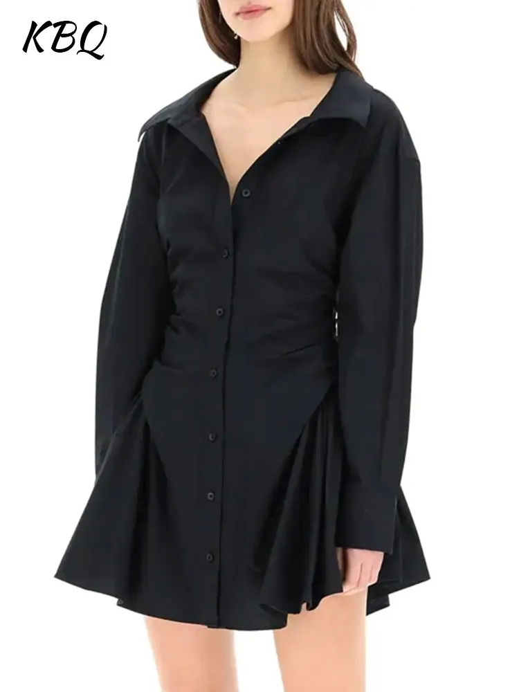 

KBQ Elegant Folds Solid Dresses For Women Stand Collar Long Sleeve High Waist Spliced Single Breasted A Line Mini Dress Female