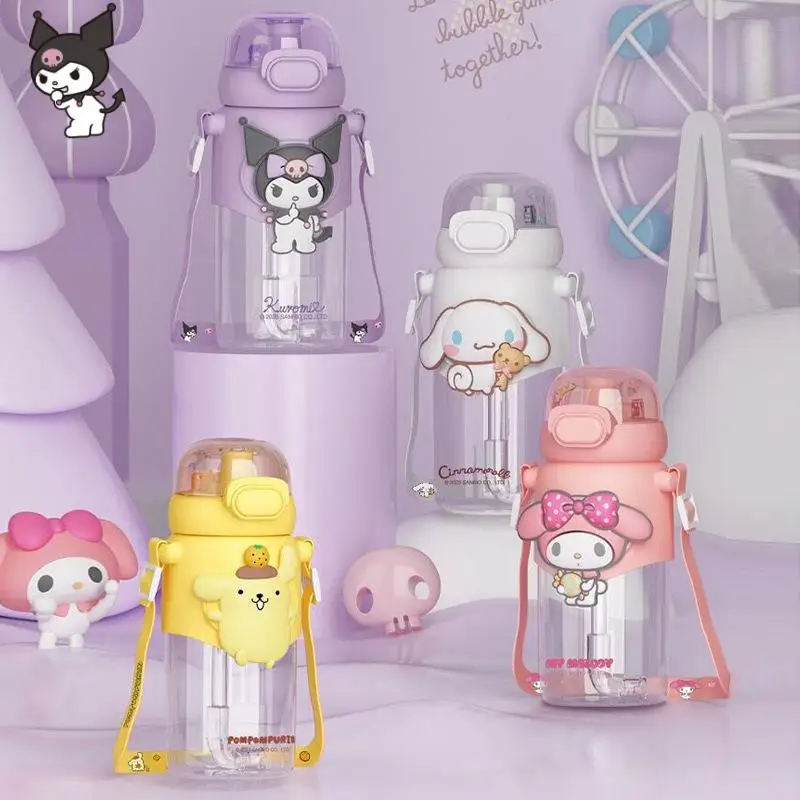 

600Ml Hello Kitty MINISO Large Capacity Water Bottle Kawaii Kuromi Cinnamoroll Clear Kettle with Straw Portable Cup Girl Gift