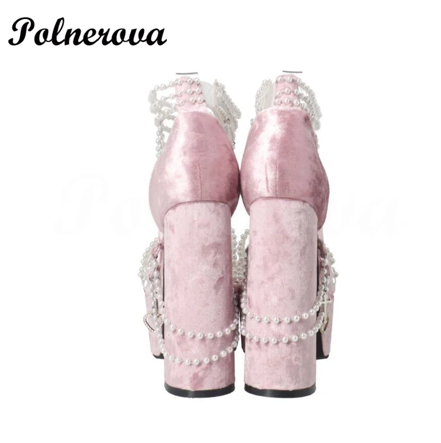 Pink Suede Pearl Sandal Cross Heart Drop Velvet Platform High Heel Chunky Heels Sandal Party Shoes Luxury Brand Runway Shoes