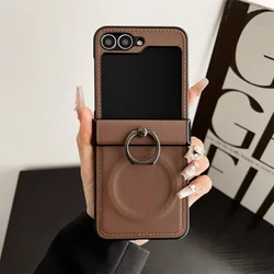 Magnetic Wireless Charging Leather Phone Case with Ring Hinge Protective Cover - Samsung Galaxy Z Flip 5 (Brown)