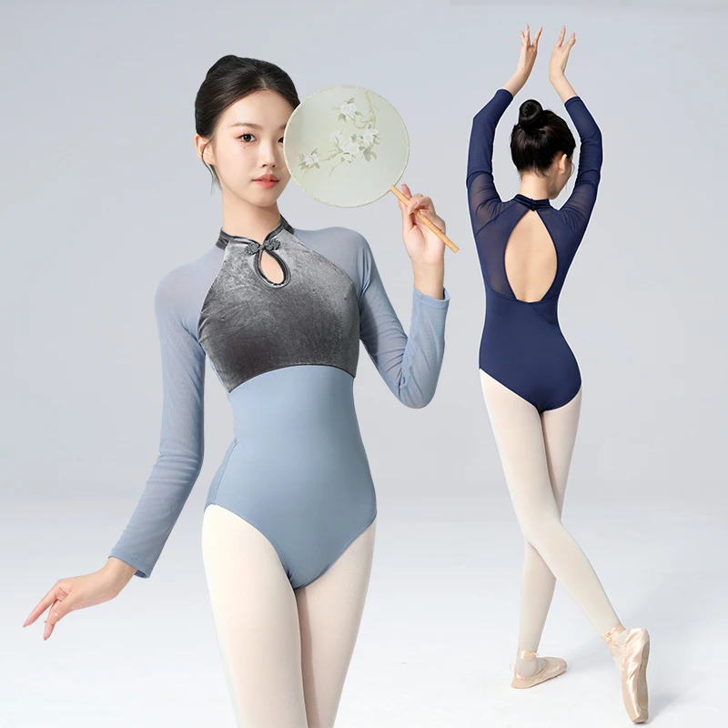 Women Ballet Leotards High Neck Button Gym Dance Leotards Velvet Patchwork Adult Ballerina Long Sleeve Dancing Bodysuit Costume