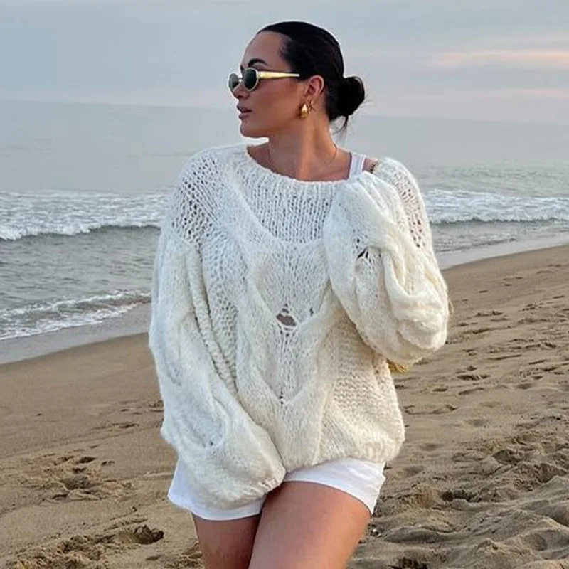 Casual Knitwear Sweater Pullover Female Loose Fashion See-Through Autumn Beach Holiday Clothes Women's Knit Pullover