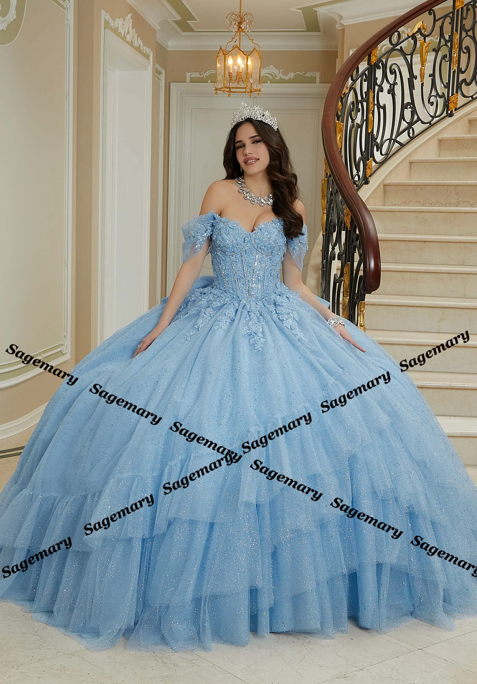 Quinceanera Dresses Sweetheart Ball Gown Tiered Tulle Detachable Sleeves Lace Up Customised