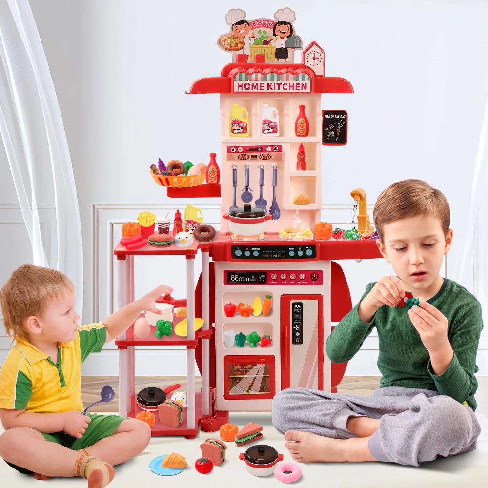 WizKidz Kids Kitchen Play Set Toys-Realistic Sounds & Light Steam Simulated Vegetable Cutting Toys for Various Holiday Gifts