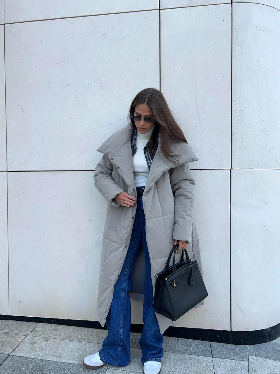 Winter Female Parkas Outwear Loose Lace-Up High Waist Long Sleeve Pocket Lapel Bandage Coat For Women Solid Parkas