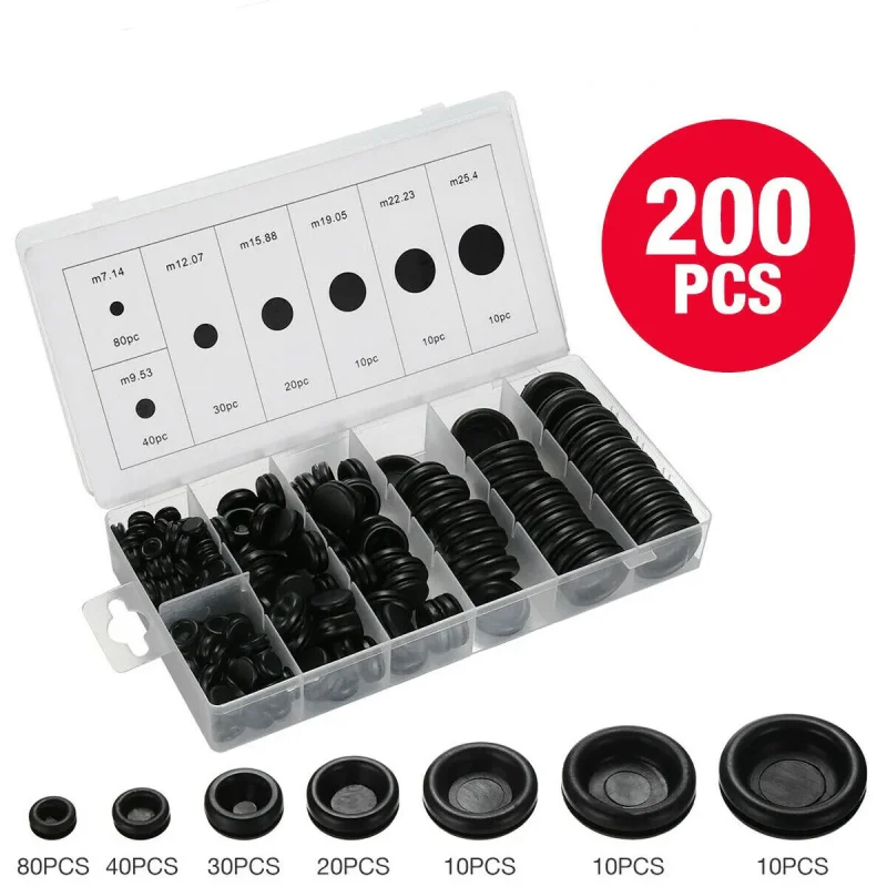 200pcs Blanking Grommets Gasket Rubber Closed Gromet Blind Plug Bungs Dust-Proof Coil Ring Single-Sided Circular Ring Sets