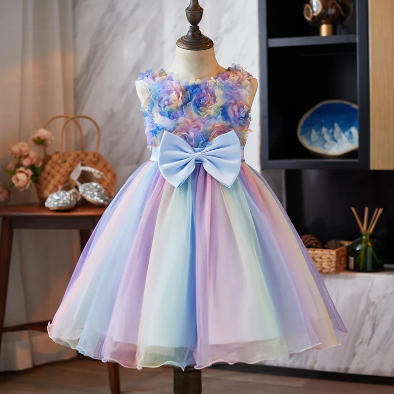 

Kids Dresses For Girls Birthday Wedding Party Bow Mesh LongUnkempt Pageant Gown Dress Elegant Girl Host Performance Dress