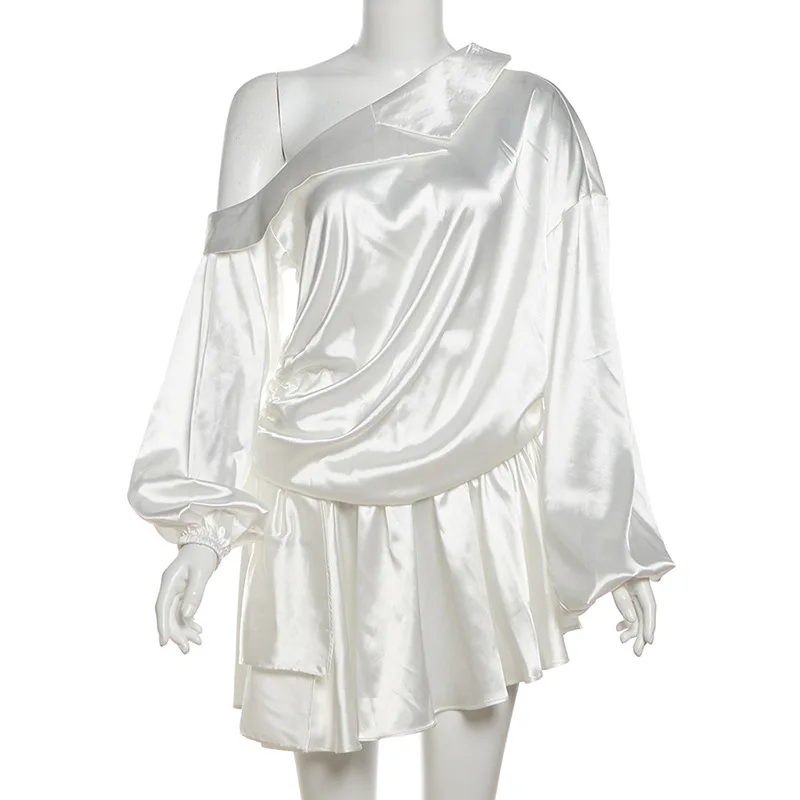 Elegant Draped Mini Dress For Women Sexy Backless Irregular Skew Collar Long Sleeve Party Dresses Solid High Waist