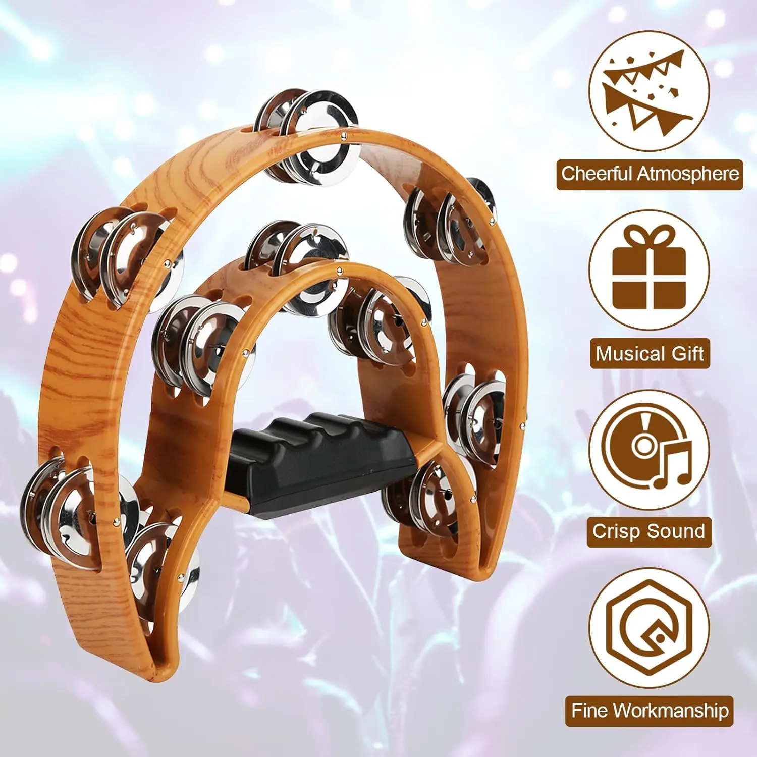 Wooden Hand Tambourine Coffee Color Double-layer Half Moon Shaped For Performance Party