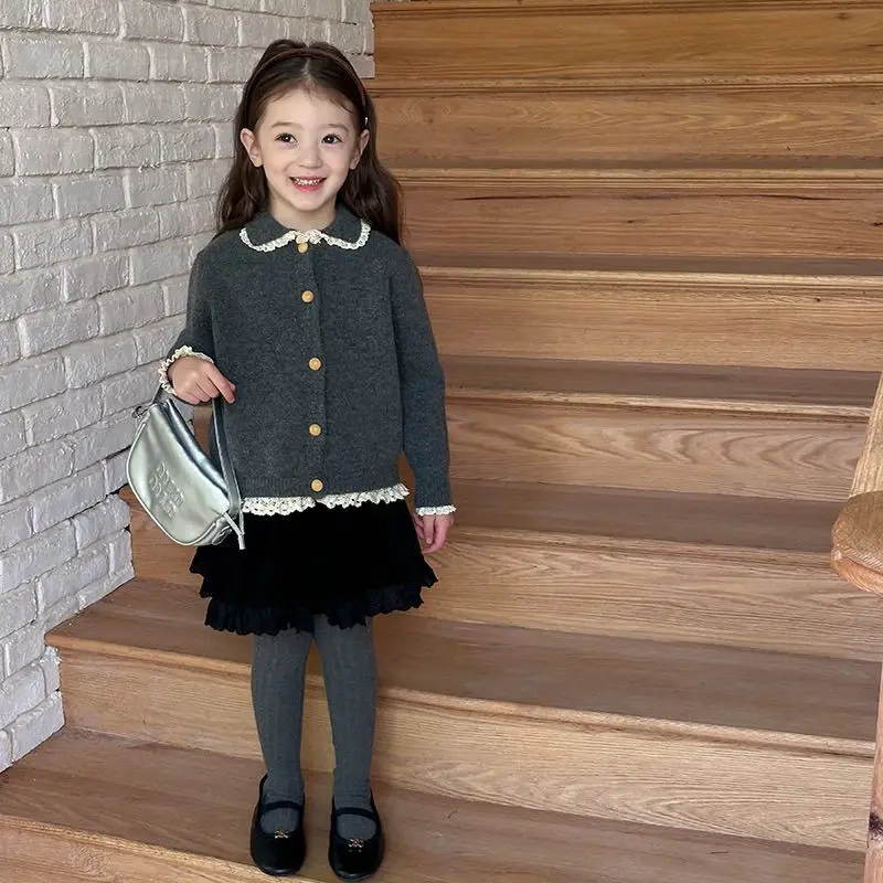 2025 여아용 스윗하고 인기있는 레이스 한국 버전  신상 스타일리시하고 다재다능한 레이스 니트 스웨터 가디건 자켓