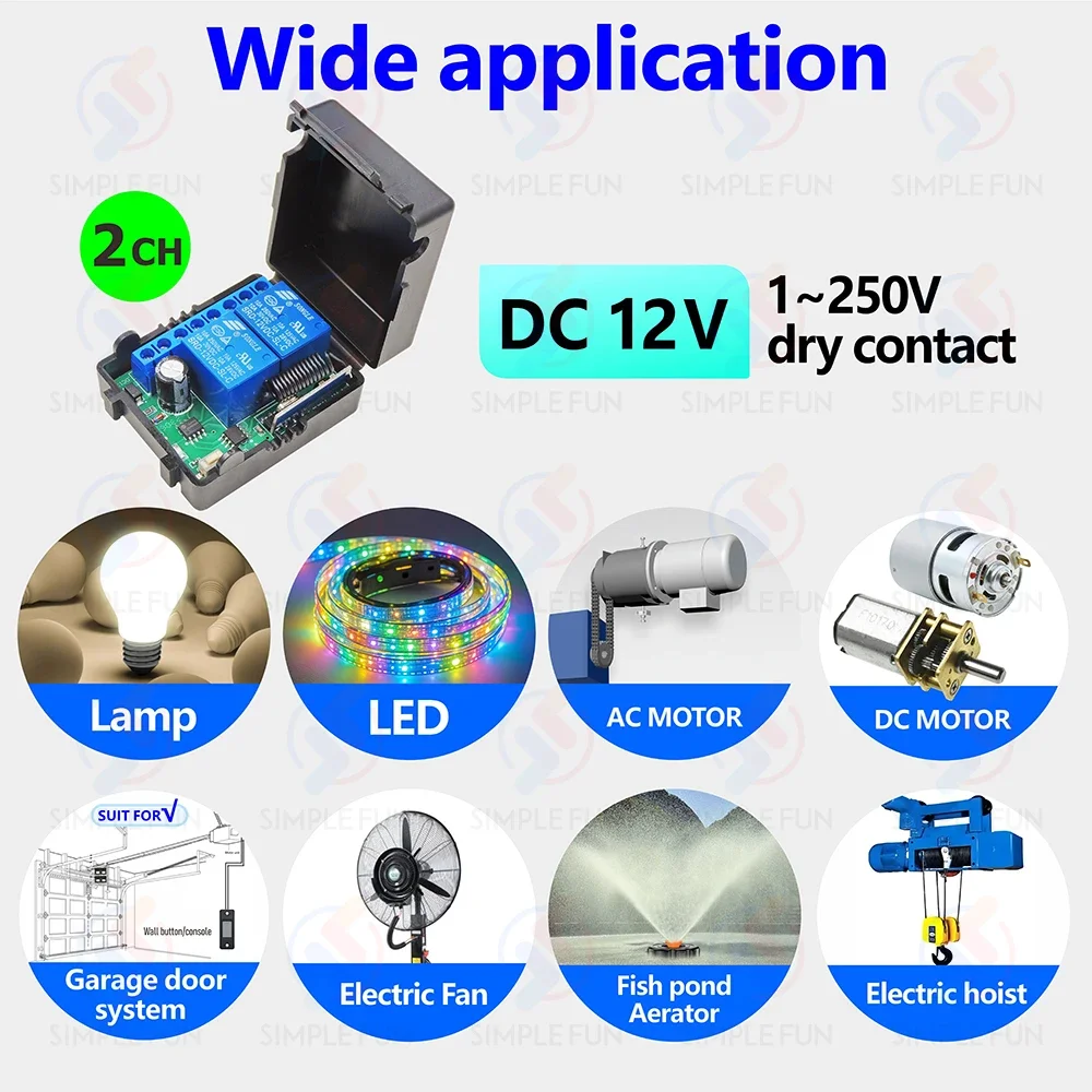 433MHz DC 12V 범용 무선 원격 제어 스위치 2CH 모터 라이트 릴레이 학습 코드 송신기 라이트/게이트/모터/DIY