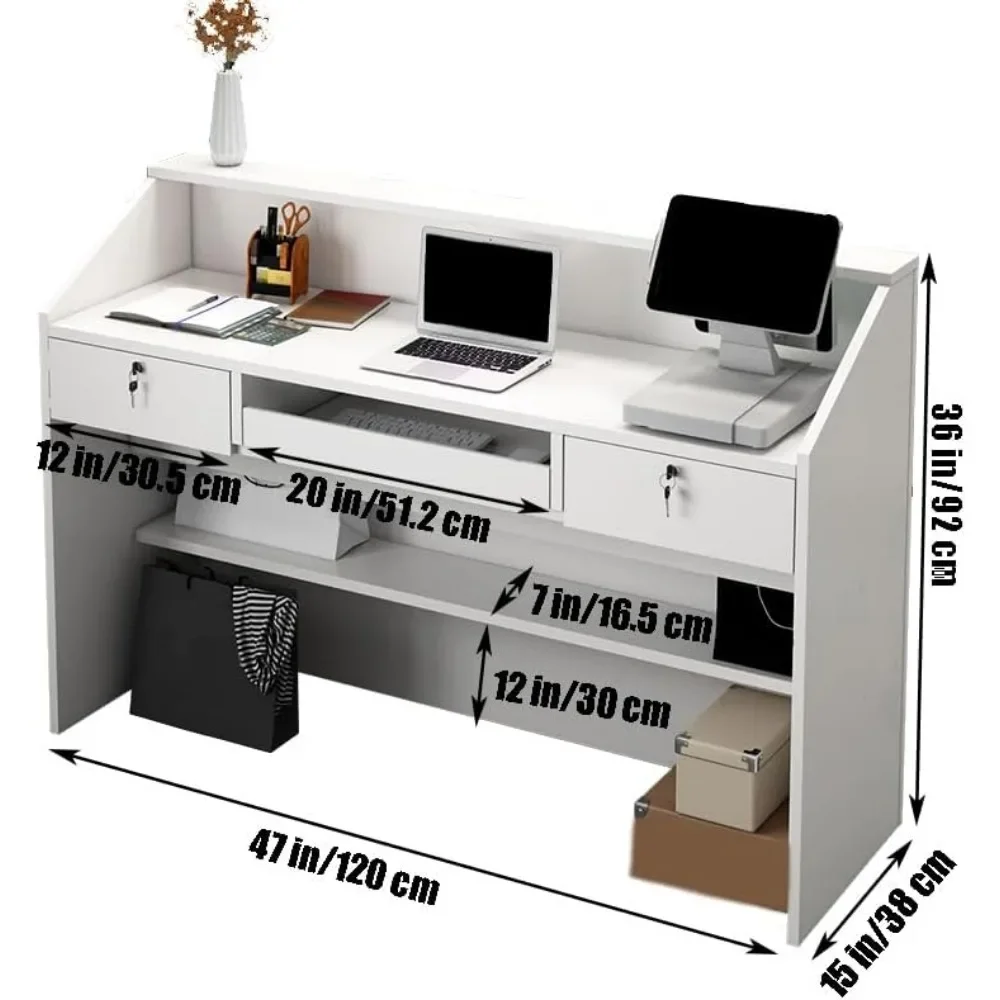 Reception Desk with Counter, Modern Front Desk with Lockable Drawers, White Retail Counter for Checkout Salon, Lobby, Store 2