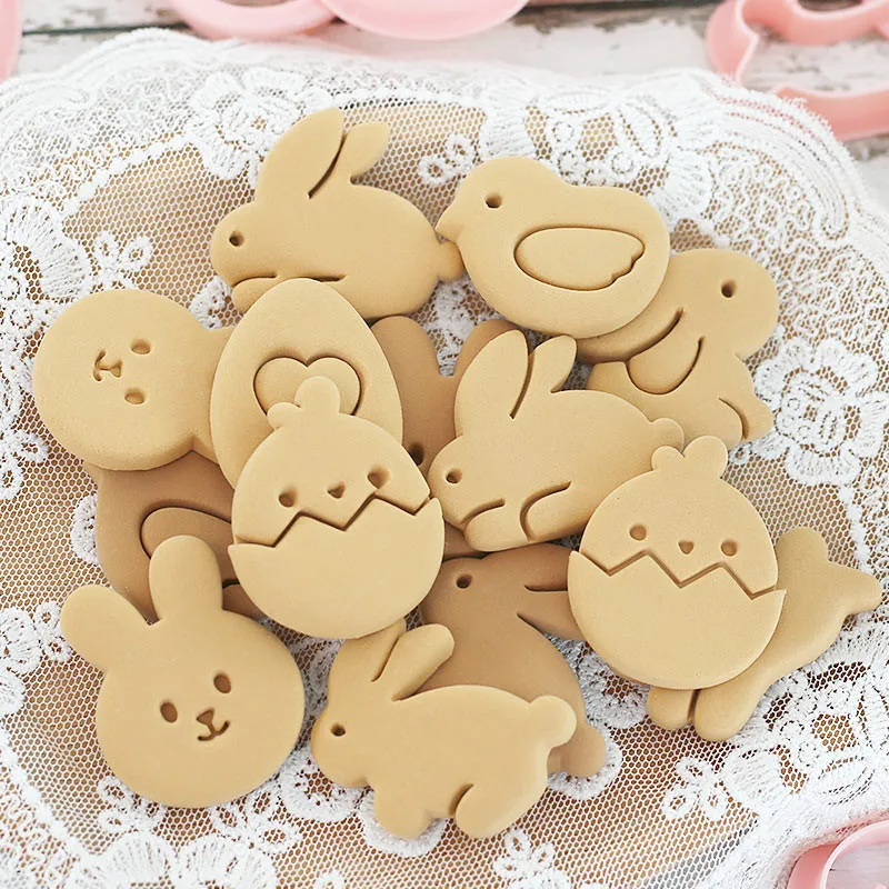 Cookies Cutter Rabbit Egg Dough Stamp Plastic 3D Bunny Cartoon Pressable Biscuit Mold Easter Kitchen Baking Pastry Bakeware 8Pcs