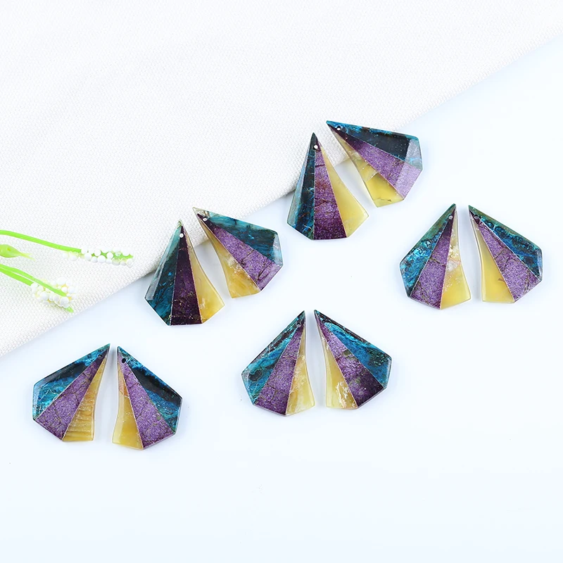 Natural Gemstone Chrysocolla,Yellow Opal,African Purple Stone Fashion Intarsia Earrings Accessories For Women 34x25x4mm 8g