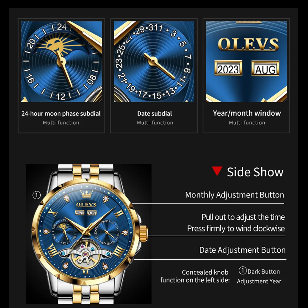 OLEVS 6691 Watch For Men Stainless Steel Moonswatch Auto Date Mechanical Wristwatch Hollow Waterproof Luminous Luxury Man Watch