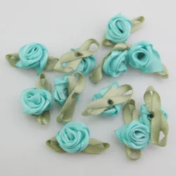 Vibrant Fabric Ribbon Rose Rosettes with Leaf - Set of 50 Flower Embellishments for DIY Crafts & Sewing Supplies (15 dark mint)