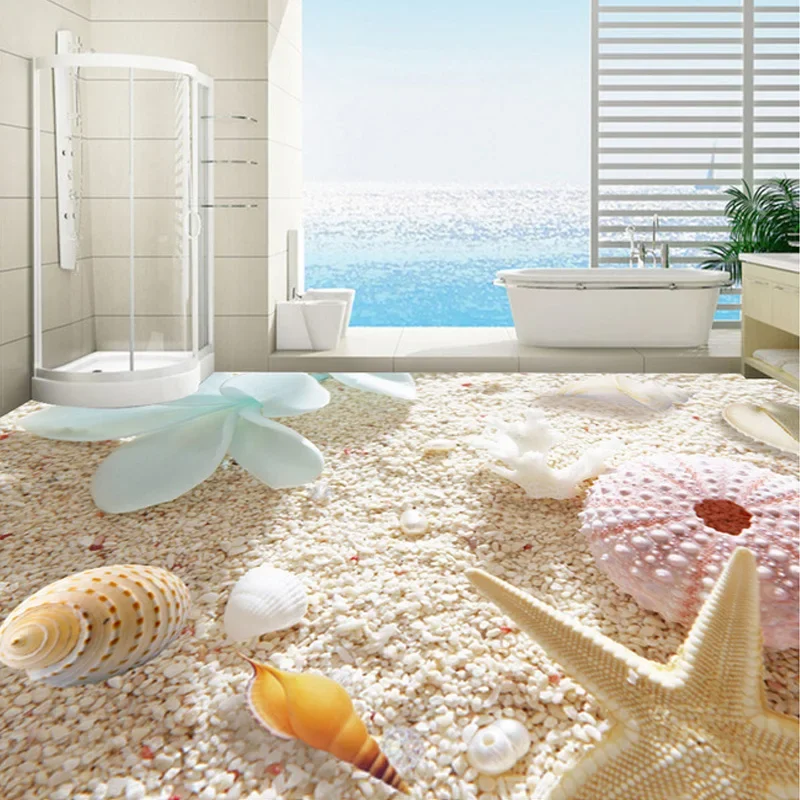 Custom 3D Photo Wallpaper Beach Starfish Conch Shell Floor Sticker Living Room Bathroom PVC Self-adhesive Mural Wallpaper Flower