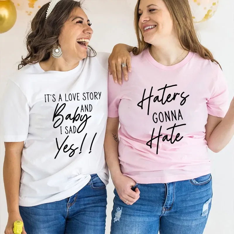 

Bachelorette Party T Shirts for Women Bride Babe Clothes It's A Love Story T-shirt Bride Squad Tops Paper Rings cotton Shirt