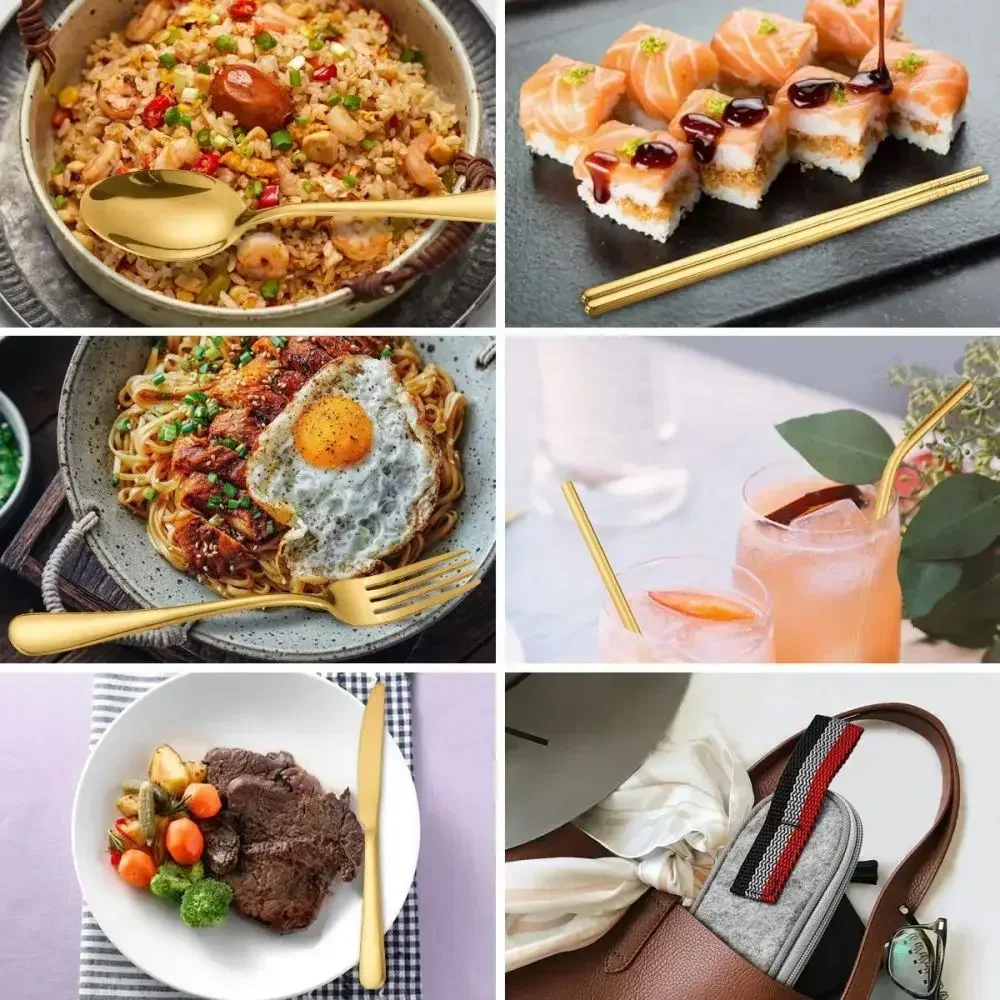 7Pcs/set Creative Knife Fork Spoon Chopsticks Travel Straw Combo Set Stainless Steel Cutlery Portable Reusable