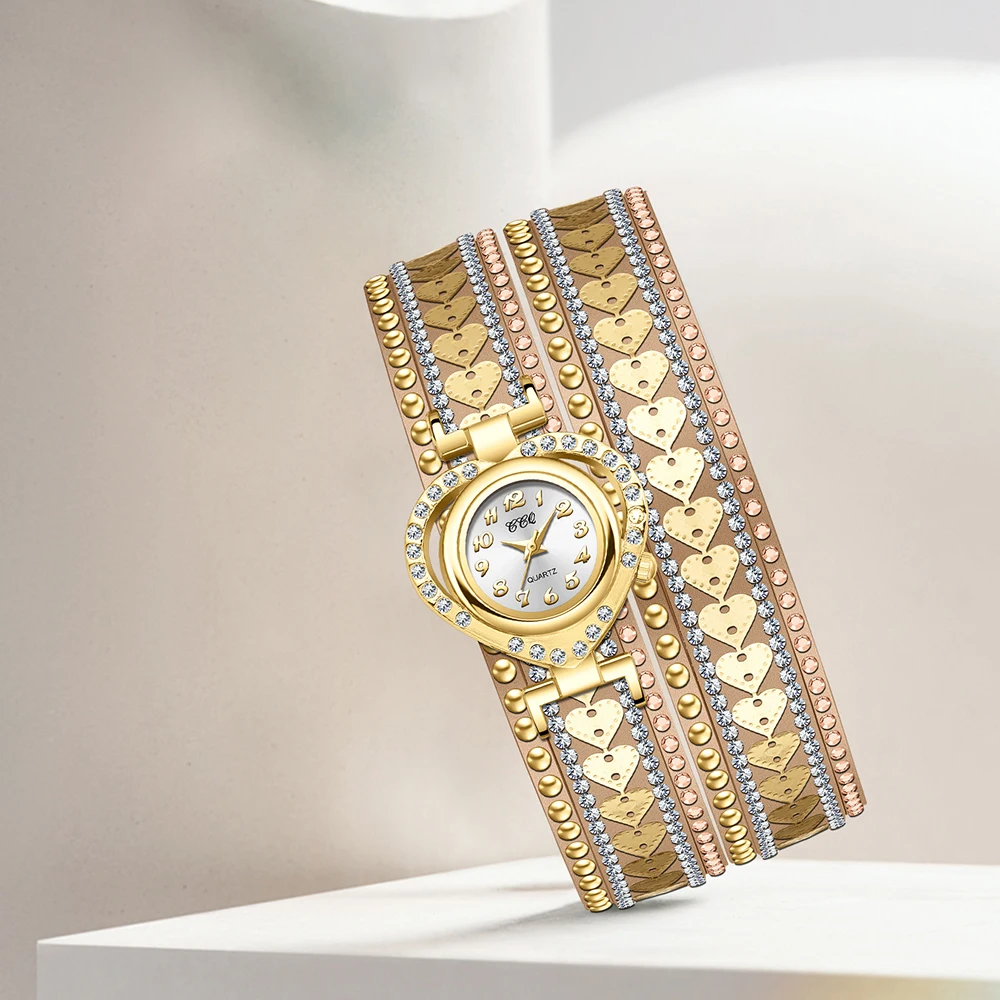 Retro Luxury Popular Diamond Winding Long Strap Peach Heart Bracelet Watch Women women watches