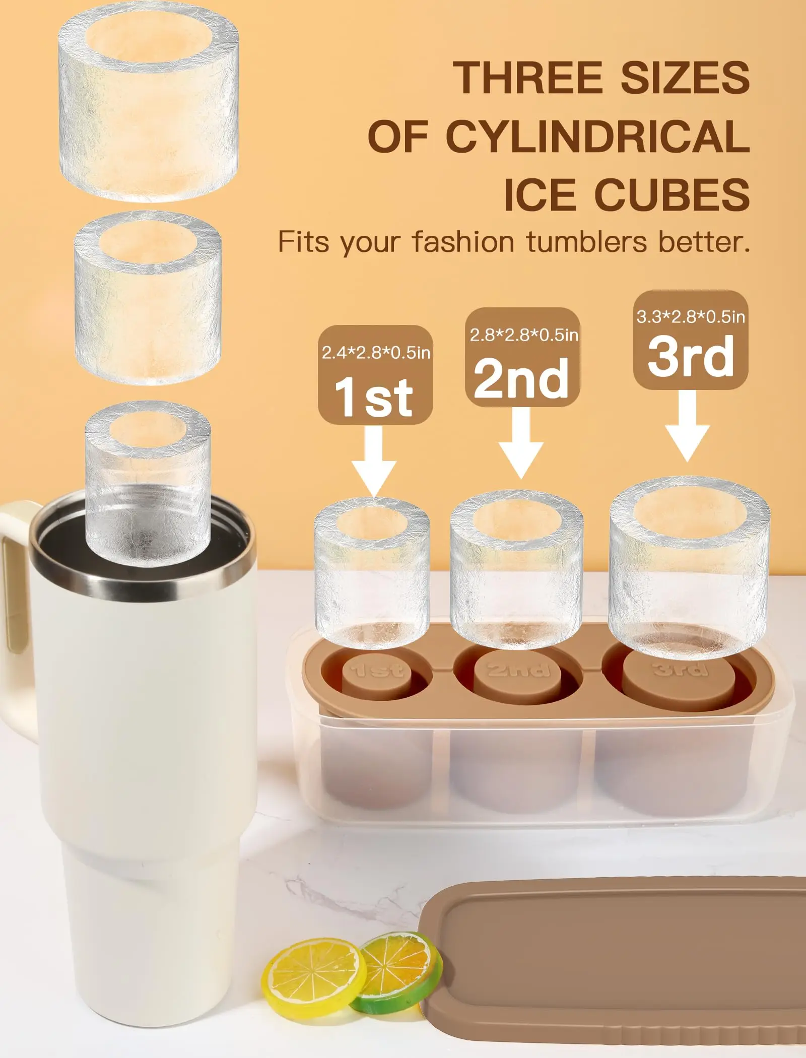 Ice Cube Tray for Tumbler Cup 3 Pcs Silicone Cylinder Ice Mold with Lid and Bin for Freezer Ice Drink Juice Whiskey Cocktail