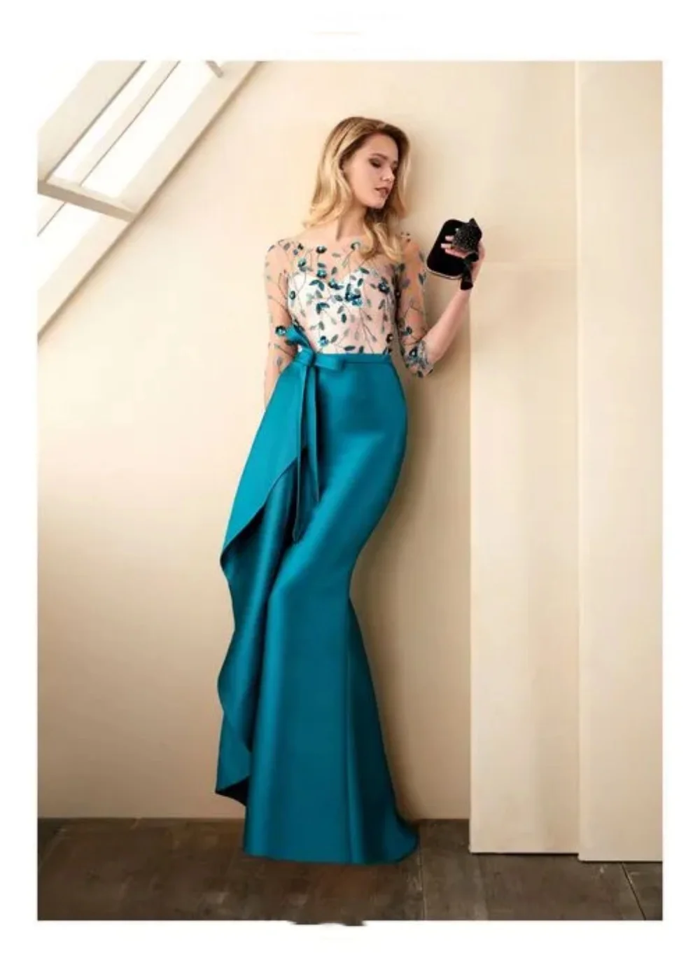 

New Vestidos de fiesta O-Neck Formal Evening Dress Straight 3/4Sleeve Sexy Backless Beads Crystal Satin Floor-Length Party Dress