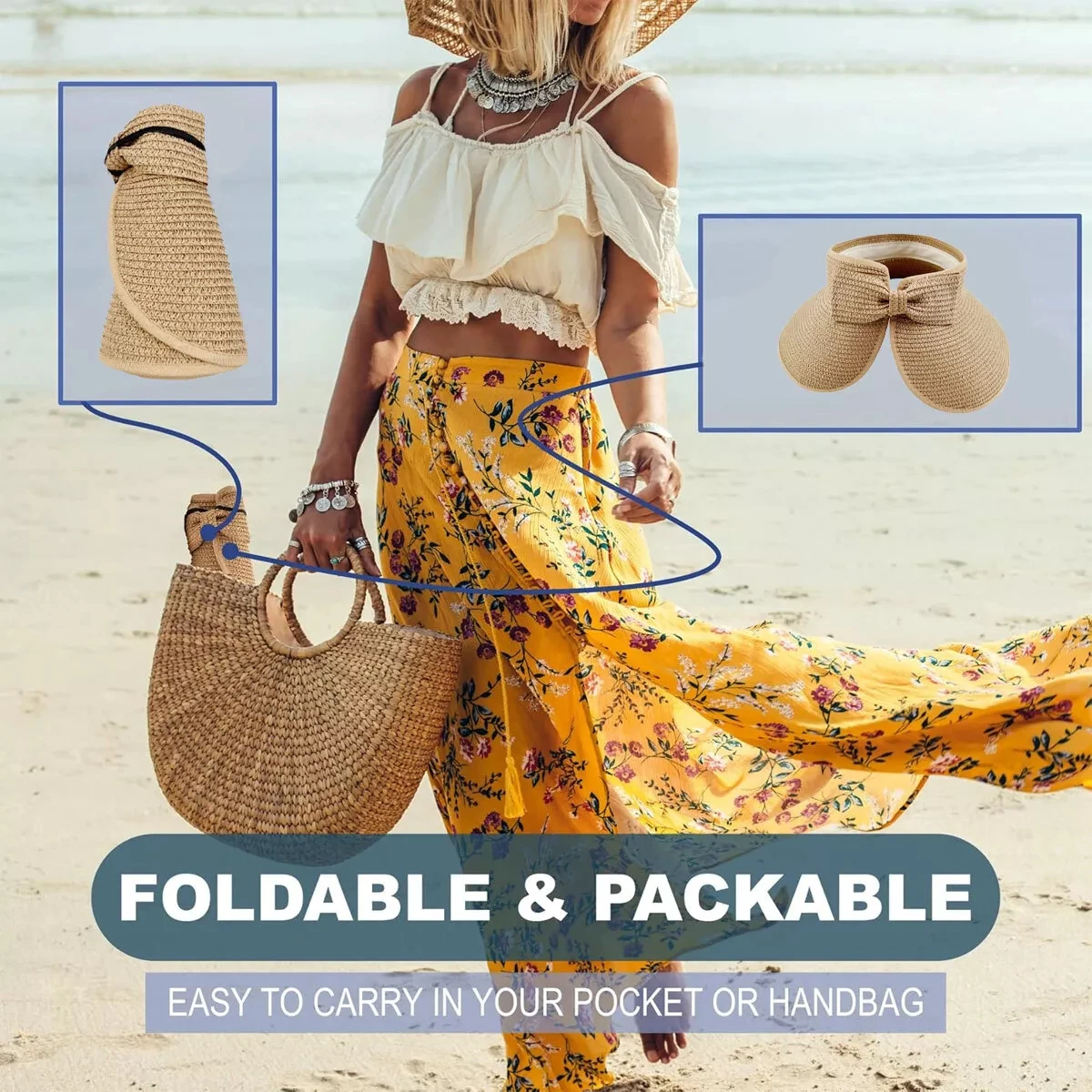 Roll-Up Sun Visor Straw Hat Sunscreen Sun Cap Sunshade Big-Edge Foldable Hat Outdoor Wide Brim Straw Visor