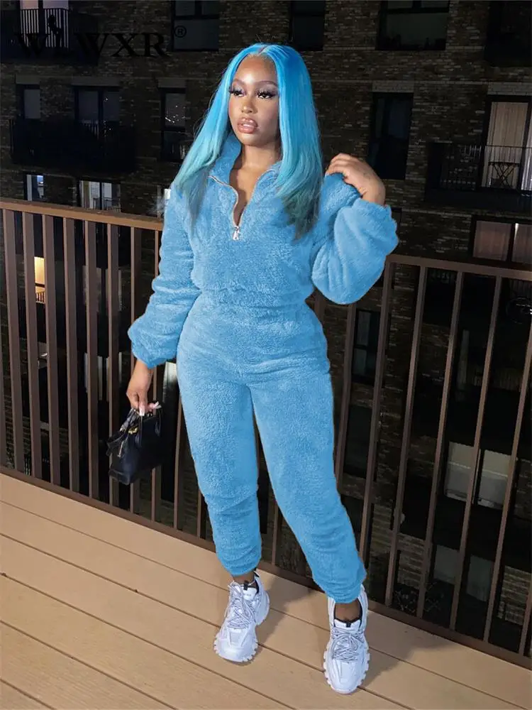 

WLWXR Fall Streetwear Camel Two 2 Piece Sets Womens Outifits V Neck Long Sleeve Zipper Top Skilly Pants Matching Sets Female