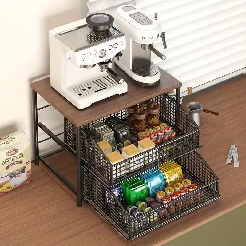 1pc Space-Saving Kitchen Countertop Organizer with Drawer and Metal Basket - Sturdy Solid Wood and Metal Multi-Layer Storage