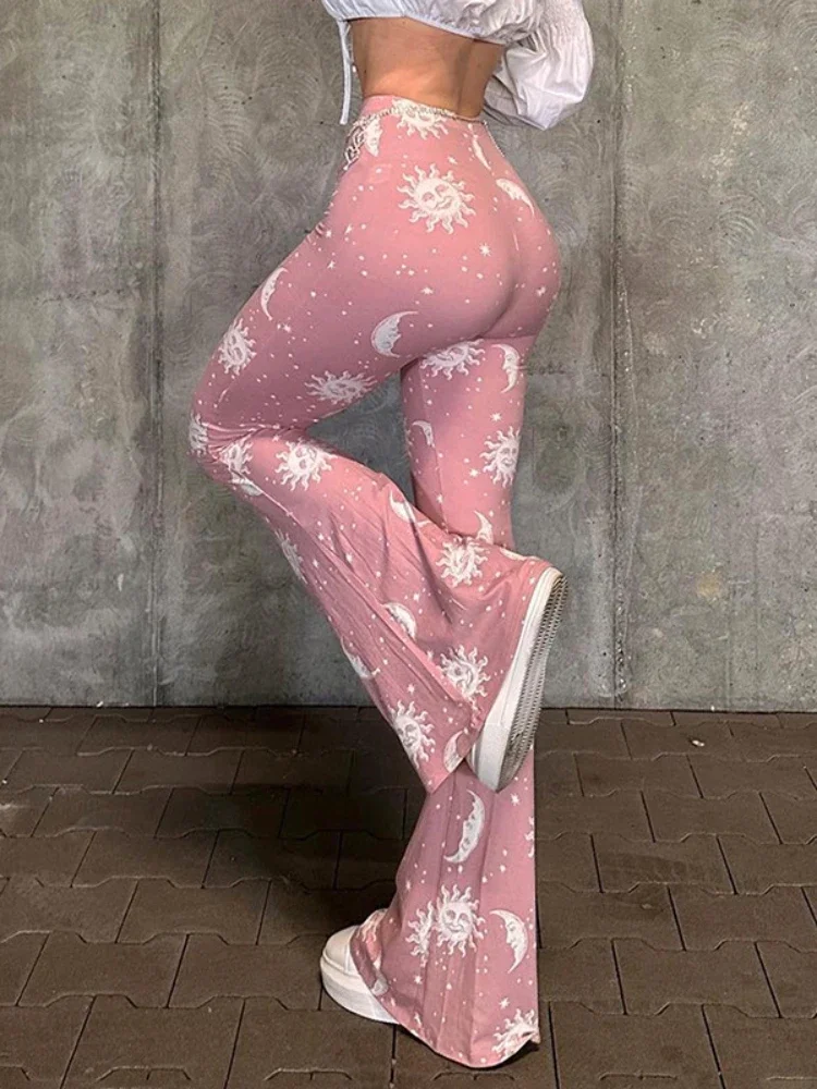 Summer Fashion Pink Slim Sweatpants Women Casual Abstract Print Micro Flare Y2k Pant Low Waisted Patchwork Long Streetwear Women