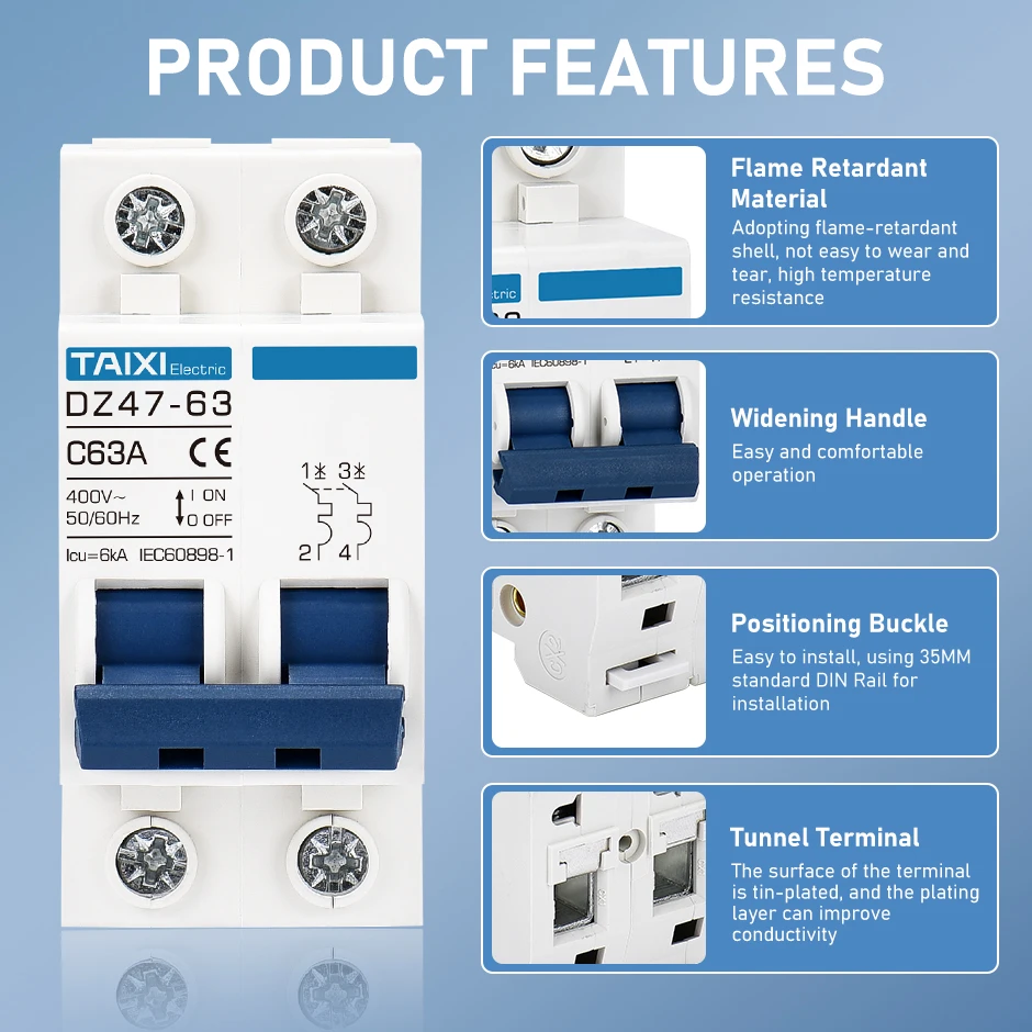 Circuit Breaker AC Circuit breaker MCB DZ47 6A 10A 16A 20A 25A 32A 40A 50A 63A 220V Circuit Overload Disconnect Short Protection