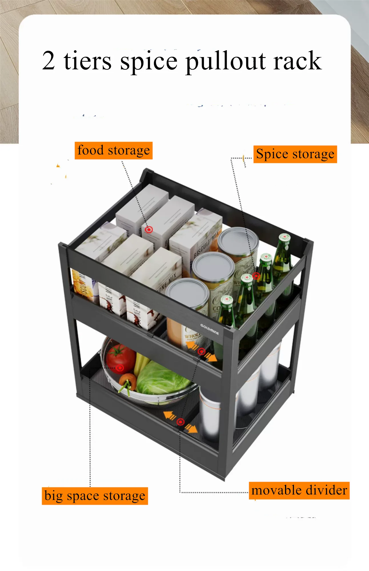 Goldmine Pull Out Basket Houseware 2-Tier Spice Rack Slide Out Storage Basket Drawer Organizer Cabinet Accessory