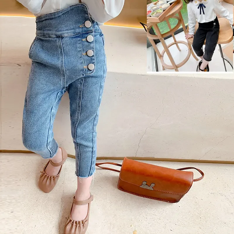 

Джинсовые брюки, облегающие джинсовые брюки на четырех пуговицах, Корейская одежда для маленьких девочек, Детская уличная одежда с высокой талией, Капри от 3 до 8 лет