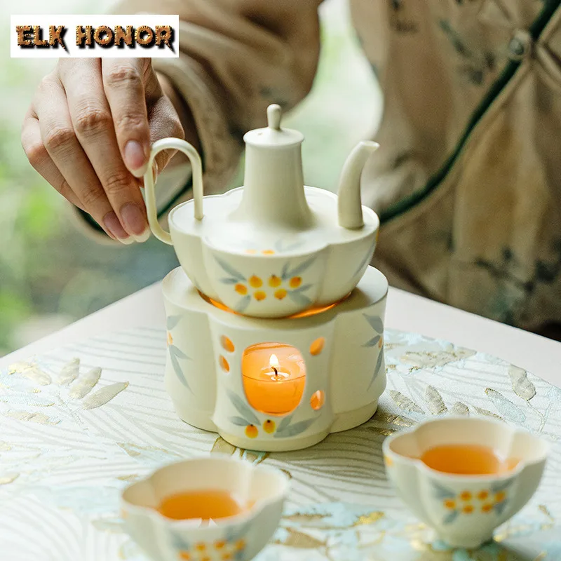 Pure Hand-painted Loquat Teapot Warmer Handmade Powder Yin Candle Trivet Bases For Pots Tea Stove Kettle Stand Tableware Teaware