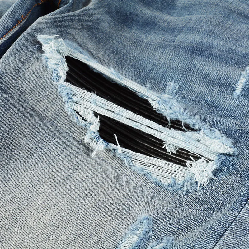 High Street Fashion Men Jeans Retro Blue Stretch Skinny Fit Ripped Jeans Men Leather Patched Designer Hip Hop Brand Pants Hombre
